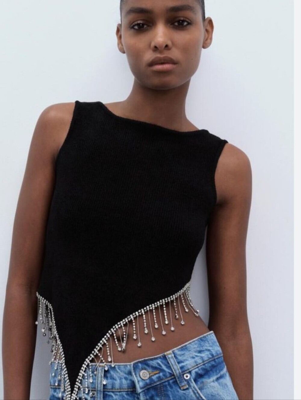 NWOT ZARA Black Jeweled Fringe Asymmetric Top- Size Medium